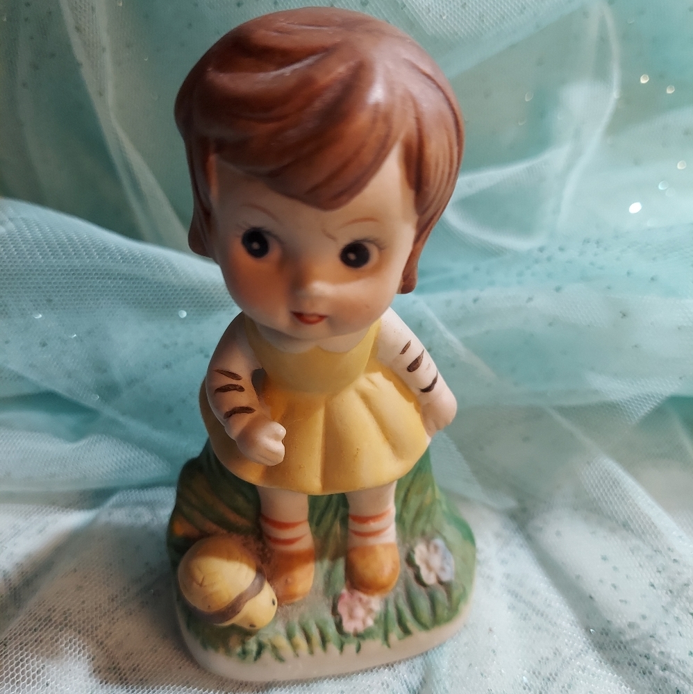 Vintage Sweet Girl in Yellow Dress Figurine with Turtle Made in Korea